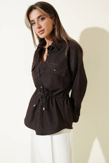 Oversize Beli Tünelli Gömlek Kahve - Kadın Giyim Modelleri