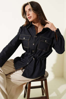 Oversize Beli Tünelli Gömlek Mavi - LEVURE