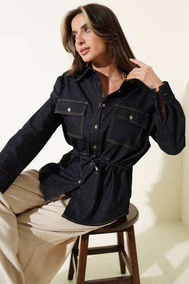 Oversize Beli Tünelli Gömlek Mavi - Kadın Giyim Modelleri