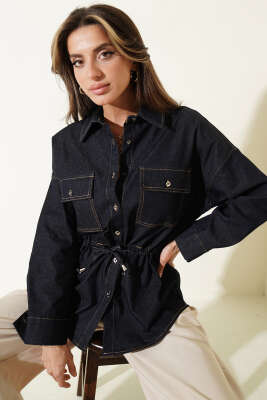 Oversize Beli Tünelli Gömlek Mavi - Kadın Giyim Modelleri