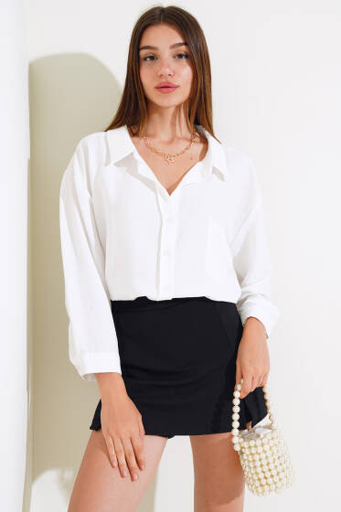 Oversize Cepli Gömlek Ekru - Yeni Giyim