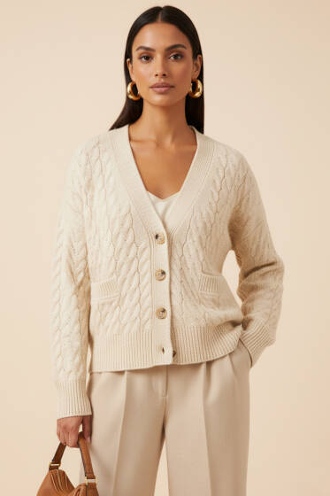 Oversize Cepli Örgü Hırka Bej - Yeni Giyim