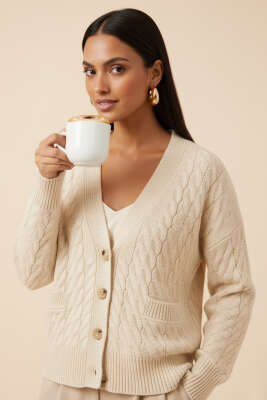 Oversize Cepli Örgü Hırka Bej - Yeni Giyim