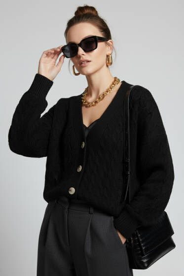 Oversize Cepli Örgü Hırka Siyah - Yeni Giyim