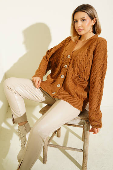 Oversize Cepli Örgü Hırka Taba - Yeni Giyim