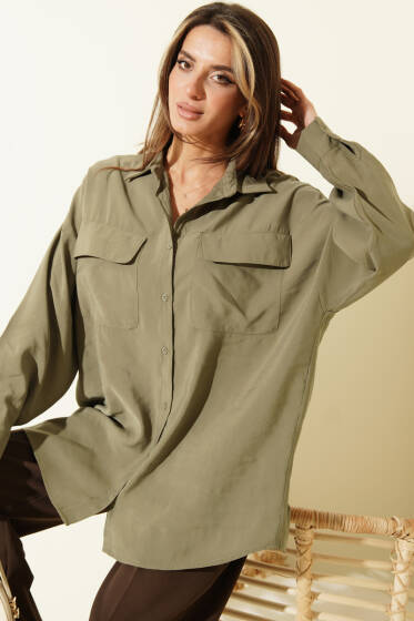 Oversize Çift Cepli Modal Gömlek Haki - Kadın Giyim Modelleri