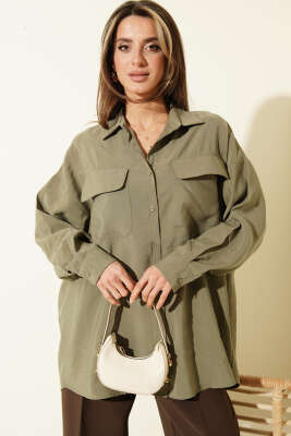 Oversize Çift Cepli Modal Gömlek Haki - Kadın Giyim Modelleri