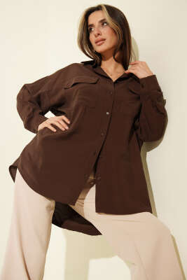 Oversize Çift Cepli Modal Gömlek Kahve - LEVURE
