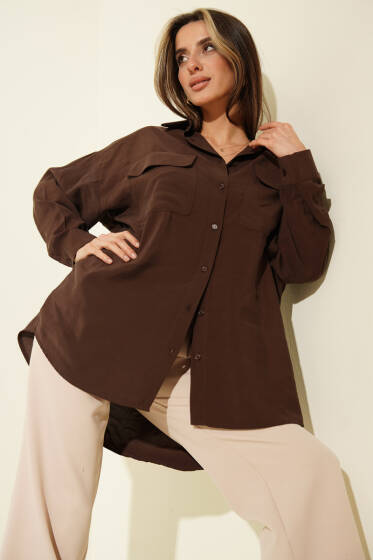 Oversize Çift Cepli Modal Gömlek Kahve - Kadın Giyim Modelleri