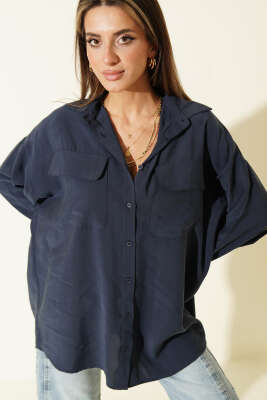 Oversize Çift Cepli Modal Gömlek Lacivert - LEVURE