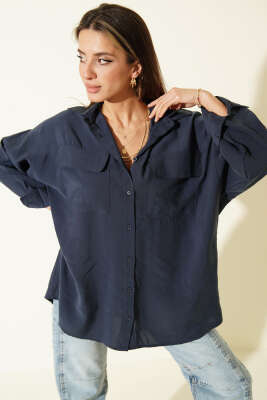 Oversize Çift Cepli Modal Gömlek Lacivert - Kadın Giyim Modelleri