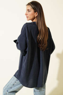 Oversize Çift Cepli Modal Gömlek Lacivert - Kadın Giyim Modelleri