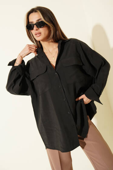 Oversize Çift Cepli Modal Gömlek Siyah - Kadın Giyim Modelleri