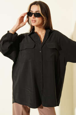 Oversize Çift Cepli Modal Gömlek Siyah - Kadın Giyim Modelleri