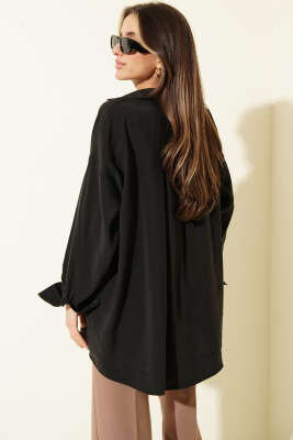 Oversize Çift Cepli Modal Gömlek Siyah - Kadın Giyim Modelleri