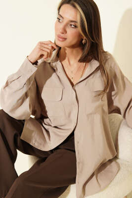 Oversize Çift Cepli Modal Gömlek Taş - LEVURE