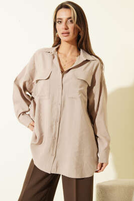 Oversize Çift Cepli Modal Gömlek Taş - Kadın Giyim Modelleri