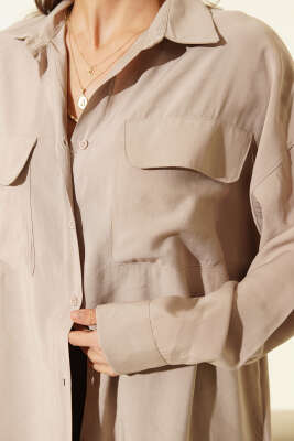 Oversize Çift Cepli Modal Gömlek Taş - Kadın Giyim Modelleri