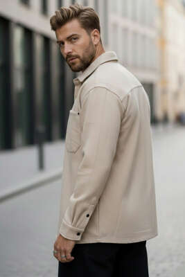 Oversize Çıtçıtlı Erkek Kot Gömlek Bej - Erkek Gömlek