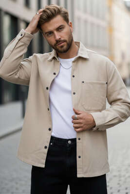 Oversize Çıtçıtlı Erkek Kot Gömlek Bej - FRESHMAN