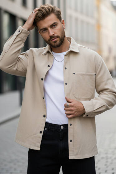 Oversize Çıtçıtlı Erkek Kot Gömlek Bej - Erkek Gömlek