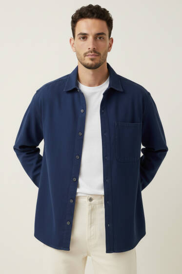 Oversize Çıtçıtlı Erkek Kot Gömlek Lacivert - Erkek Gömlek