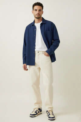 Oversize Çıtçıtlı Erkek Kot Gömlek Lacivert - Erkek Gömlek