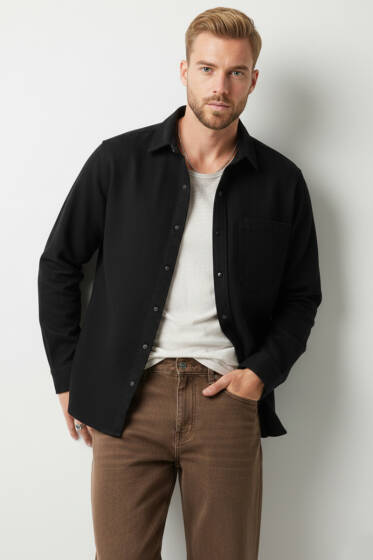 Oversize Çıtçıtlı Erkek Kot Gömlek Siyah - Erkek Gömlek