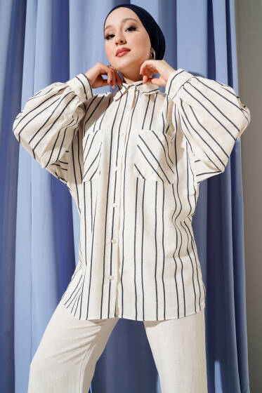 Oversize Çizgili Çift Cepli Gömlek Lacivert - Gömlek