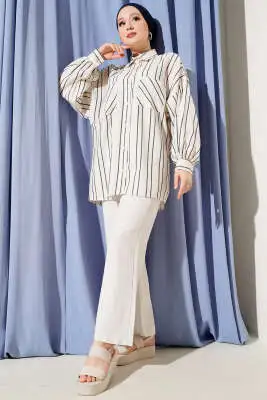 Oversize Çizgili Çift Cepli Gömlek Lacivert - Gömlek