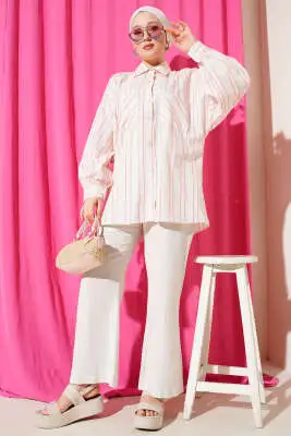 Oversize Çizgili Çift Cepli Gömlek Pembe - Gömlek