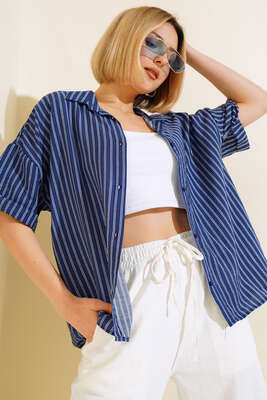 Oversize Çizgili Kısa Kol Gömlek Lacivert - Kadın Giyim Modelleri