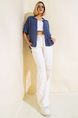 Oversize Çizgili Kısa Kol Gömlek Lacivert - Kadın Giyim Modelleri