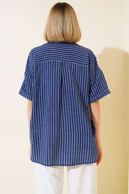 Oversize Çizgili Kısa Kol Gömlek Lacivert - Kadın Giyim Modelleri