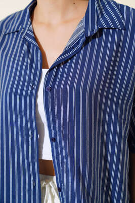 Oversize Çizgili Kısa Kol Gömlek Lacivert - Kadın Giyim Modelleri