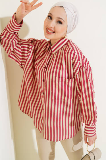 Oversize Dik Çizgili Gömlek Bordo - Gömlek