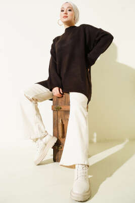 Oversize Düşük Omuz Triko Tunik Acı Kahve - VANİZA TRİKO