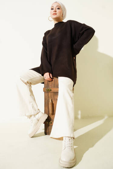 Oversize Düşük Omuz Triko Tunik Acı Kahve - Tunik