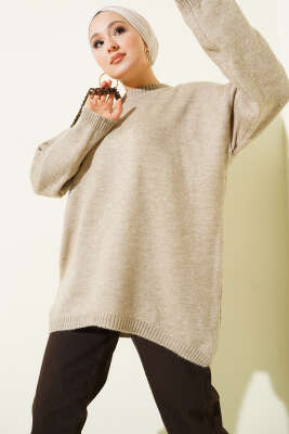 Oversize Düşük Omuz Triko Tunik Bej - VANİZA TRİKO