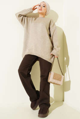 Oversize Düşük Omuz Triko Tunik Bej - Tunik