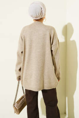 Oversize Düşük Omuz Triko Tunik Bej - Tunik