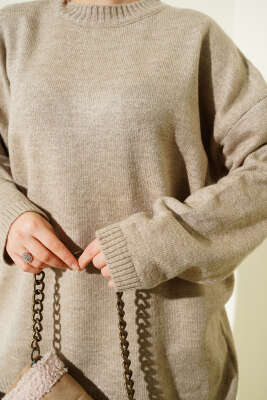 Oversize Düşük Omuz Triko Tunik Bej - Tunik