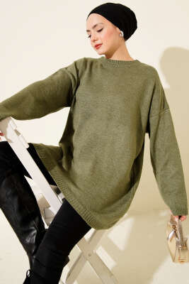 Oversize Düşük Omuz Triko Tunik Çağla Yeşili - VANİZA TRİKO