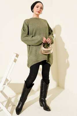 Oversize Düşük Omuz Triko Tunik Çağla Yeşili - Tunik