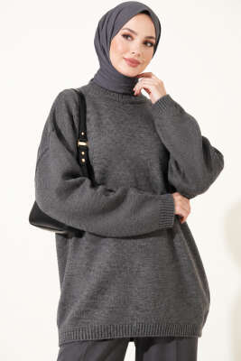 Oversize Düşük Omuz Triko Tunik Füme - VANİZA TRİKO