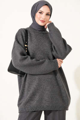 Oversize Düşük Omuz Triko Tunik Füme - Triko Tunik