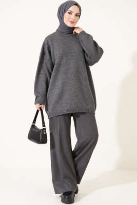Oversize Düşük Omuz Triko Tunik Füme - Triko Tunik