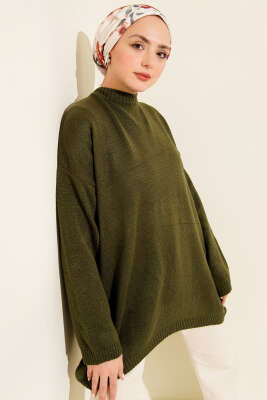 Oversize Düşük Omuz Triko Tunik Haki - VANİZA TRİKO
