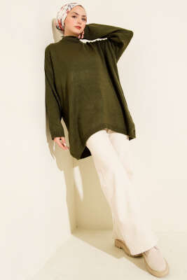 Oversize Düşük Omuz Triko Tunik Haki - Tunik