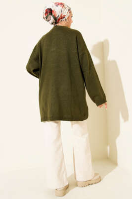 Oversize Düşük Omuz Triko Tunik Haki - Tunik